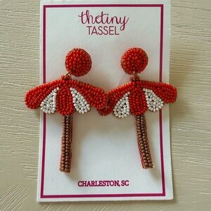 Red and White Beaded Umbrella Earrings